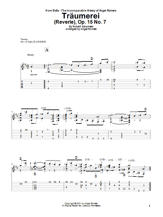 Download Angel Romero Traumerei (Reverie), Op. 15 No. 7 Sheet Music and learn how to play Guitar Tab PDF digital score in minutes