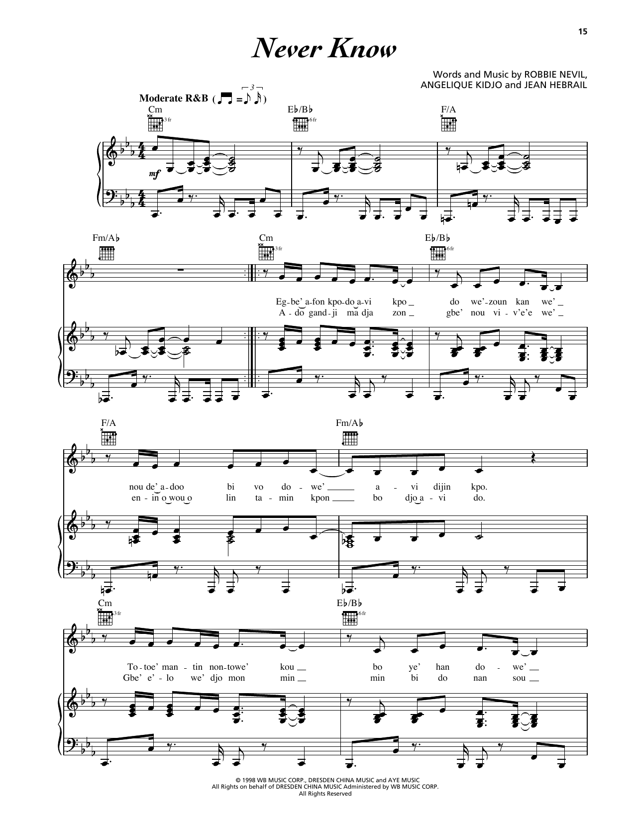 Download Angelique Kidjo Never Know Sheet Music and learn how to play Piano, Vocal & Guitar Chords (Right-Hand Melody) PDF digital score in minutes