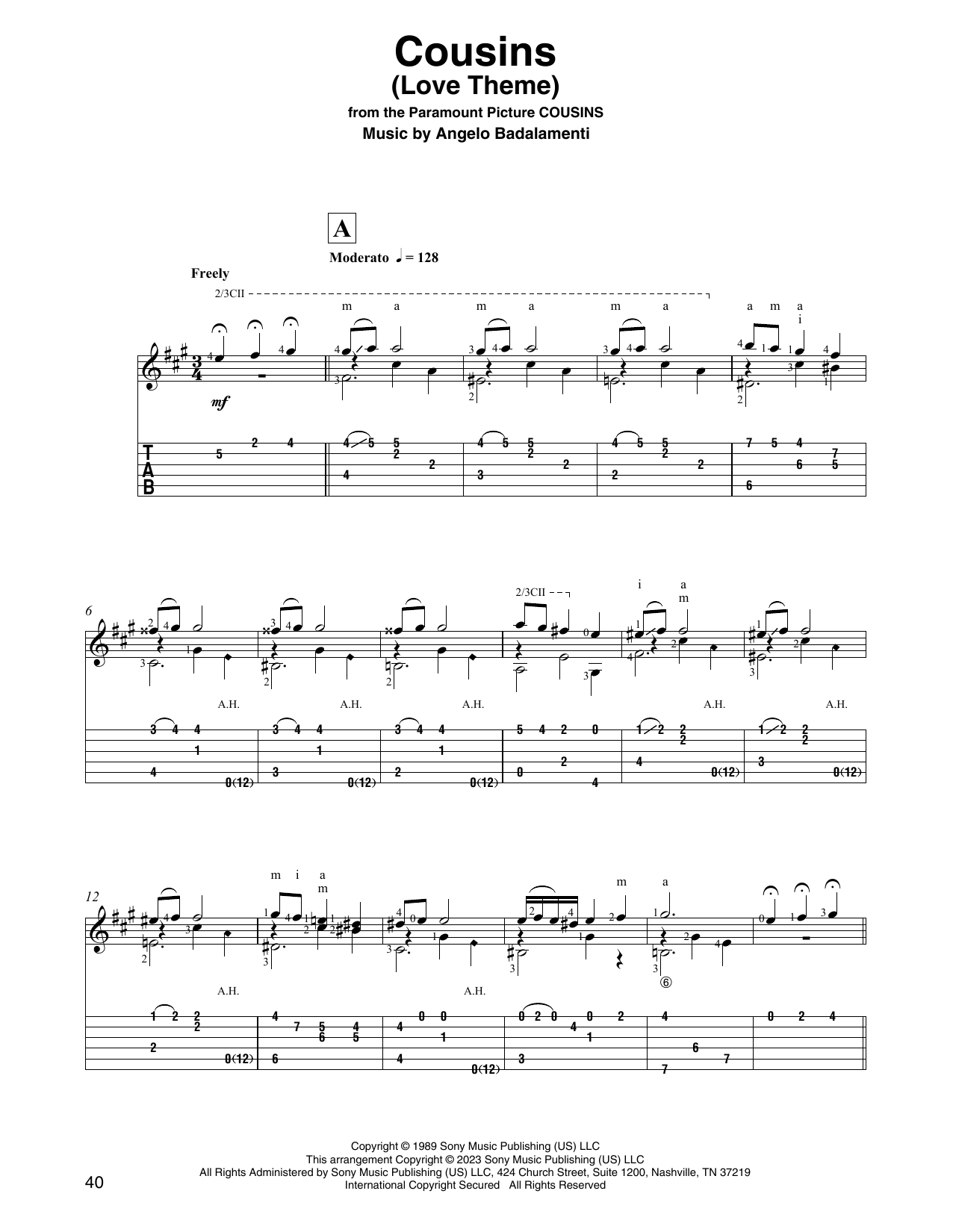 Download Angelo Badalamenti Cousins (Love Theme) (arr. David Jaggs) Sheet Music and learn how to play Solo Guitar PDF digital score in minutes
