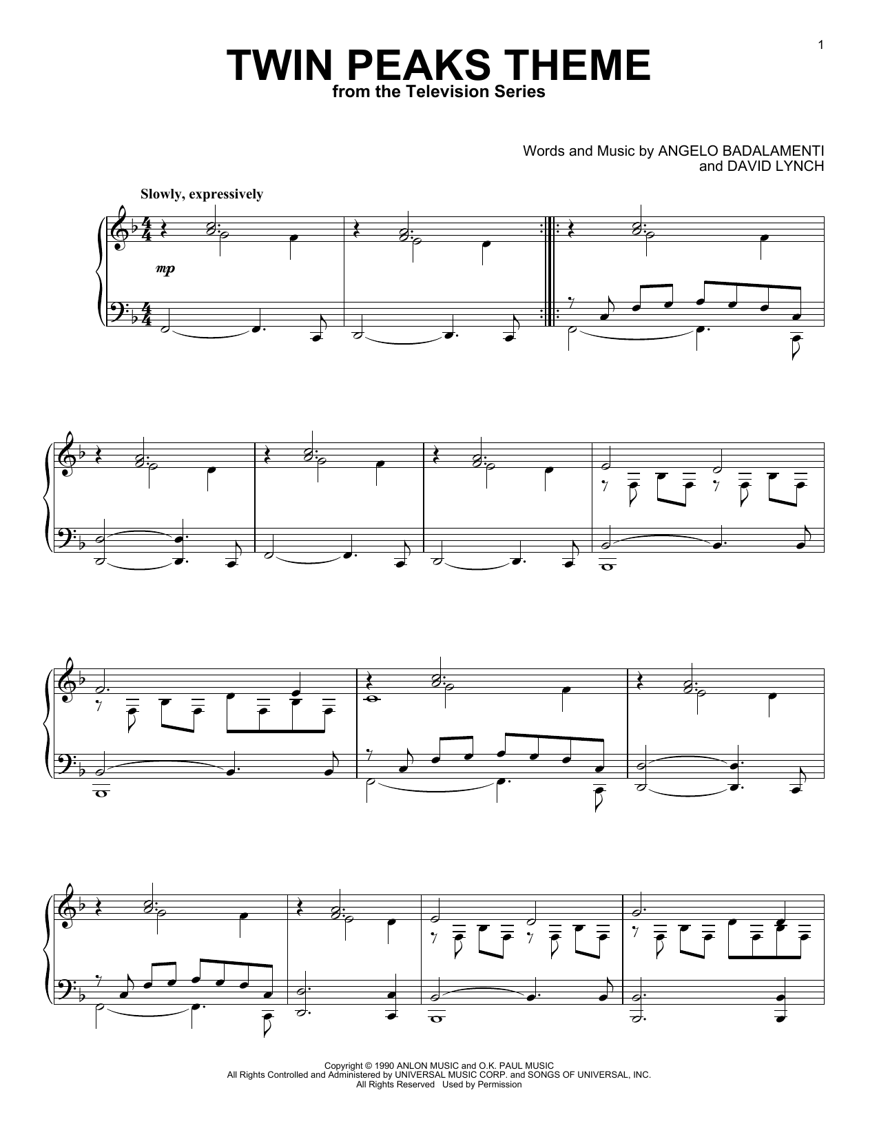 Download Angelo Badalamenti Twin Peaks Theme Sheet Music and learn how to play Piano Solo PDF digital score in minutes