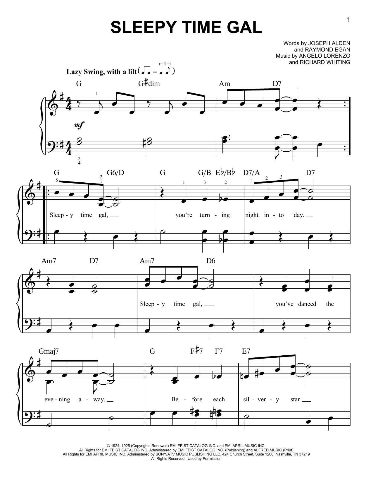 Download Angelo Lorenzo Sleepy Time Gal Sheet Music and learn how to play Easy Piano PDF digital score in minutes