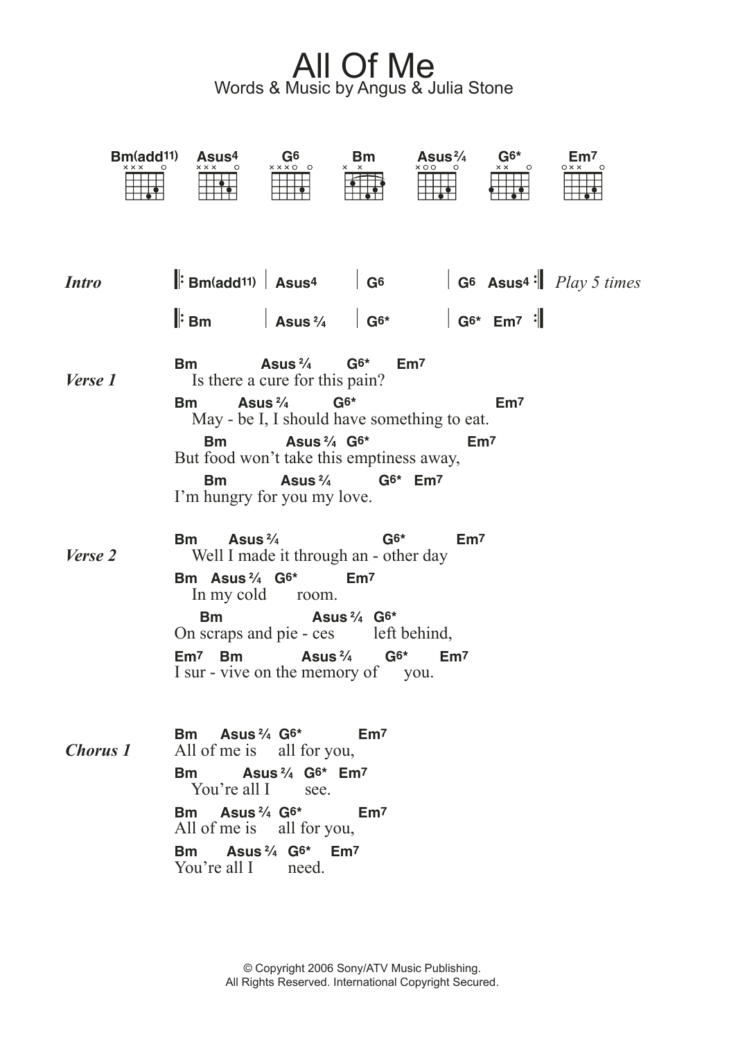 Download Angus & Julia Stone All Of Me Sheet Music and learn how to play Lyrics & Chords PDF digital score in minutes