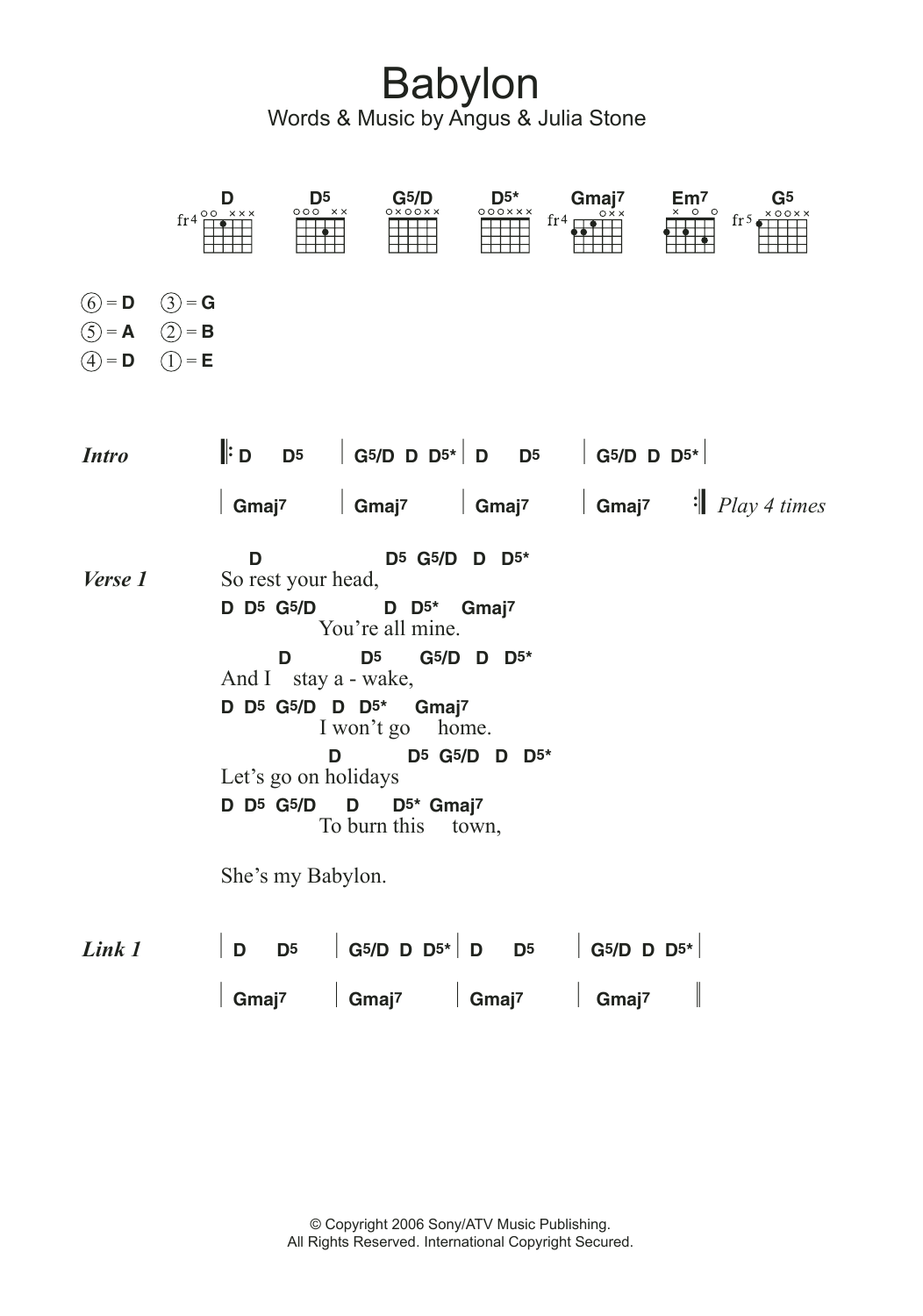 Download Angus & Julia Stone Babylon Sheet Music and learn how to play Lyrics & Chords PDF digital score in minutes