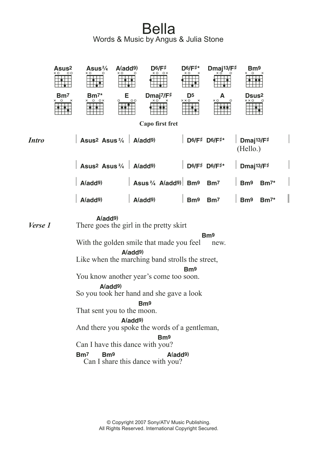 Download Angus & Julia Stone Bella Sheet Music and learn how to play Lyrics & Chords PDF digital score in minutes