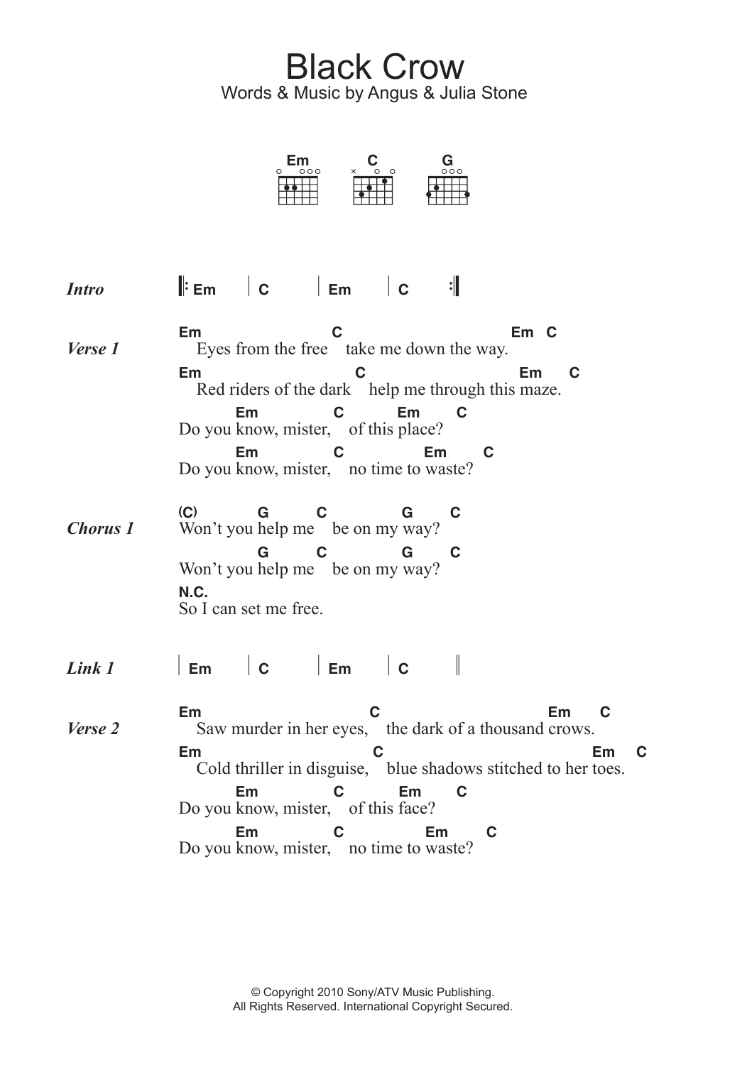 Download Angus & Julia Stone Black Crow Sheet Music and learn how to play Lyrics & Chords PDF digital score in minutes