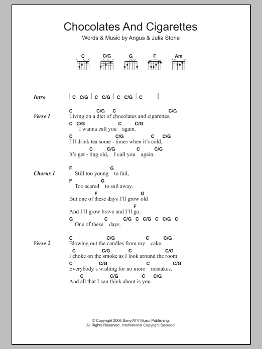 Download Angus & Julia Stone Chocolates And Cigarettes Sheet Music and learn how to play Lyrics & Chords PDF digital score in minutes