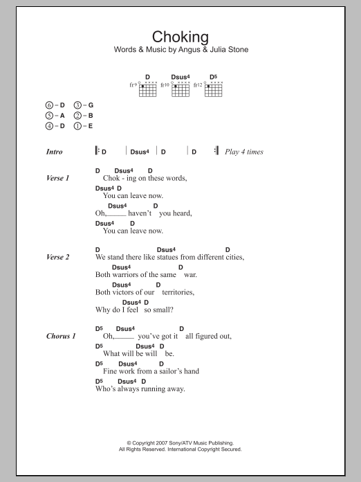 Download Angus & Julia Stone Choking Sheet Music and learn how to play Lyrics & Chords PDF digital score in minutes