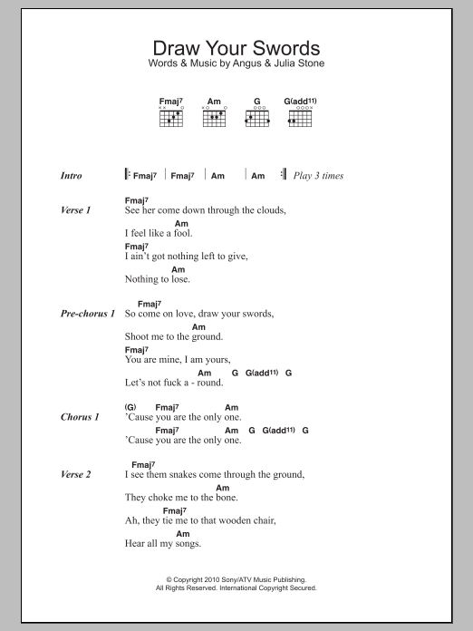 Download Angus & Julia Stone Draw Your Swords Sheet Music and learn how to play Lyrics & Chords PDF digital score in minutes