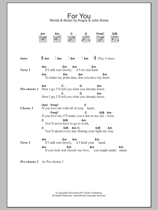 Download Angus & Julia Stone For You Sheet Music and learn how to play Lyrics & Chords PDF digital score in minutes