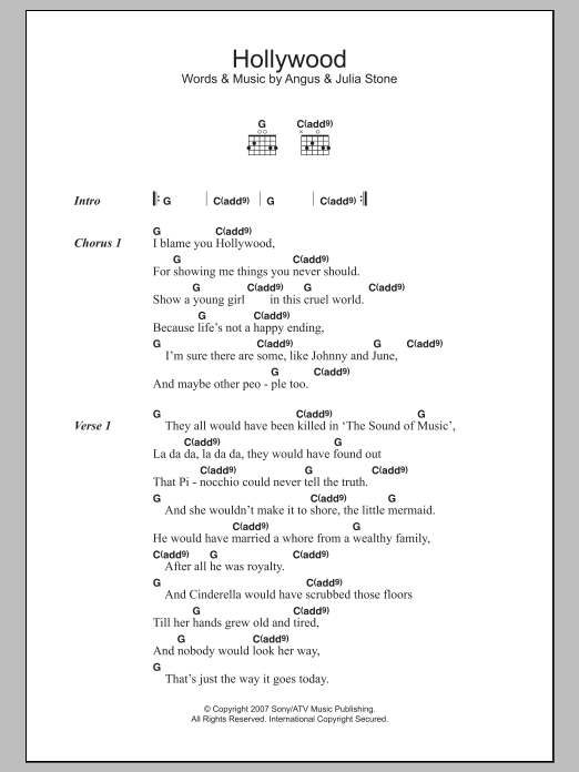 Download Angus & Julia Stone Hollywood Sheet Music and learn how to play Lyrics & Chords PDF digital score in minutes