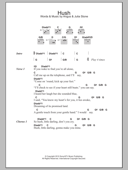 Download Angus & Julia Stone Hush Sheet Music and learn how to play Lyrics & Chords PDF digital score in minutes