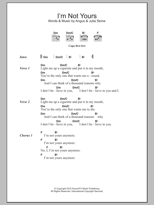 Download Angus & Julia Stone I'm Not Yours Sheet Music and learn how to play Lyrics & Chords PDF digital score in minutes