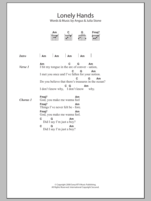 Download Angus & Julia Stone Lonely Hands Sheet Music and learn how to play Lyrics & Chords PDF digital score in minutes