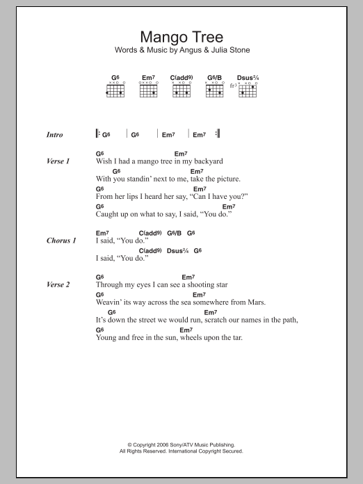 Download Angus & Julia Stone Mango Tree Sheet Music and learn how to play Lyrics & Chords PDF digital score in minutes