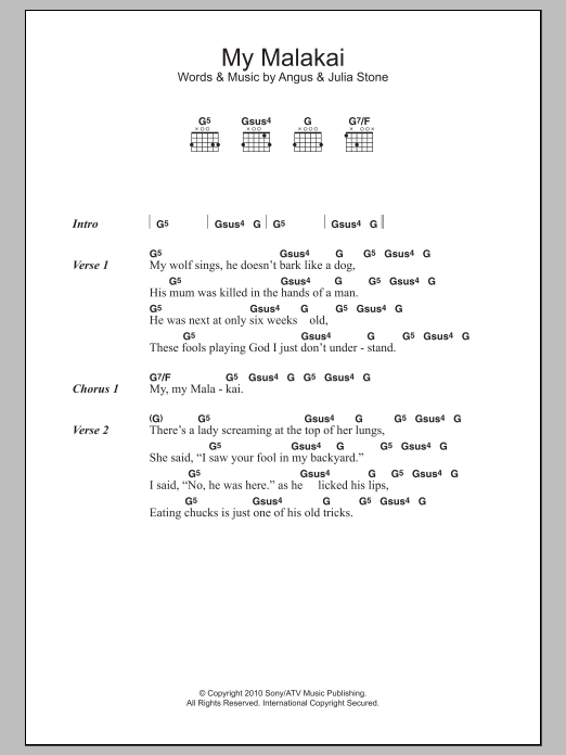 Download Angus & Julia Stone My Malakai Sheet Music and learn how to play Lyrics & Chords PDF digital score in minutes