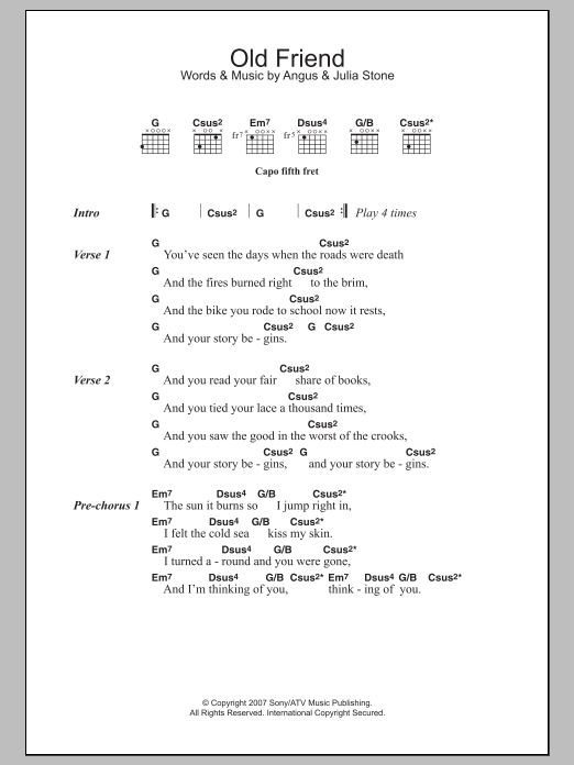 Download Angus & Julia Stone Old Friend Sheet Music and learn how to play Lyrics & Chords PDF digital score in minutes