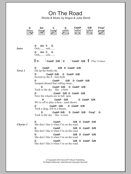 Download Angus & Julia Stone On The Road Sheet Music and learn how to play Lyrics & Chords PDF digital score in minutes