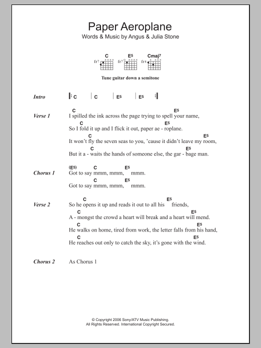 Download Angus & Julia Stone Paper Aeroplane Sheet Music and learn how to play Lyrics & Chords PDF digital score in minutes