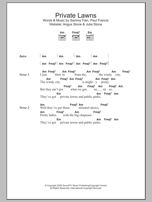 Download Angus & Julia Stone Private Lawns Sheet Music and learn how to play Lyrics & Chords PDF digital score in minutes