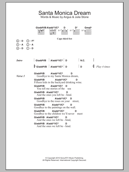 Download Angus & Julia Stone Santa Monica Dream Sheet Music and learn how to play Lyrics & Chords PDF digital score in minutes