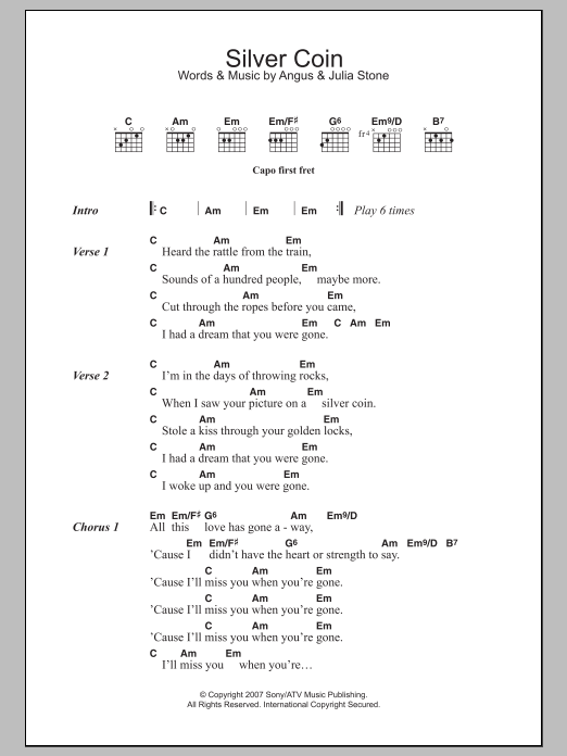 Download Angus & Julia Stone Silver Coin Sheet Music and learn how to play Lyrics & Chords PDF digital score in minutes