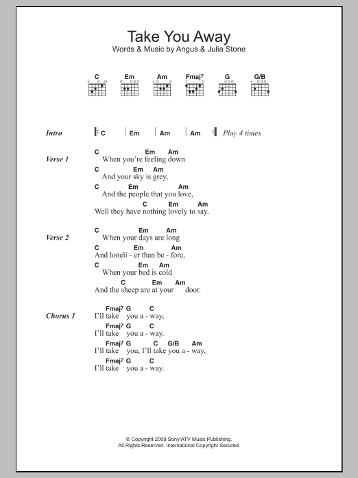 Download Angus & Julia Stone Take You Away Sheet Music and learn how to play Lyrics & Chords PDF digital score in minutes