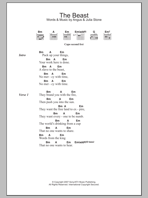 Download Angus & Julia Stone The Beast Sheet Music and learn how to play Lyrics & Chords PDF digital score in minutes