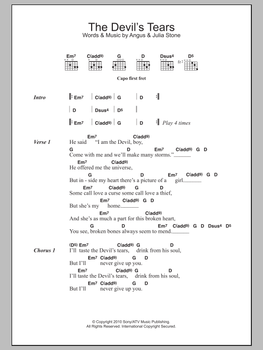 Download Angus & Julia Stone The Devil's Tears Sheet Music and learn how to play Lyrics & Chords PDF digital score in minutes