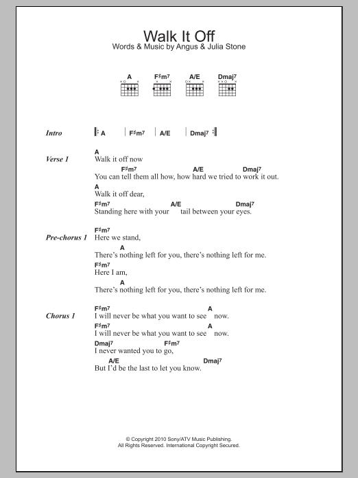 Download Angus & Julia Stone Walk It Off Sheet Music and learn how to play Lyrics & Chords PDF digital score in minutes