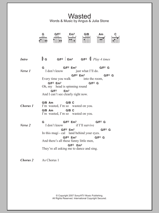 Download Angus & Julia Stone Wasted Sheet Music and learn how to play Lyrics & Chords PDF digital score in minutes