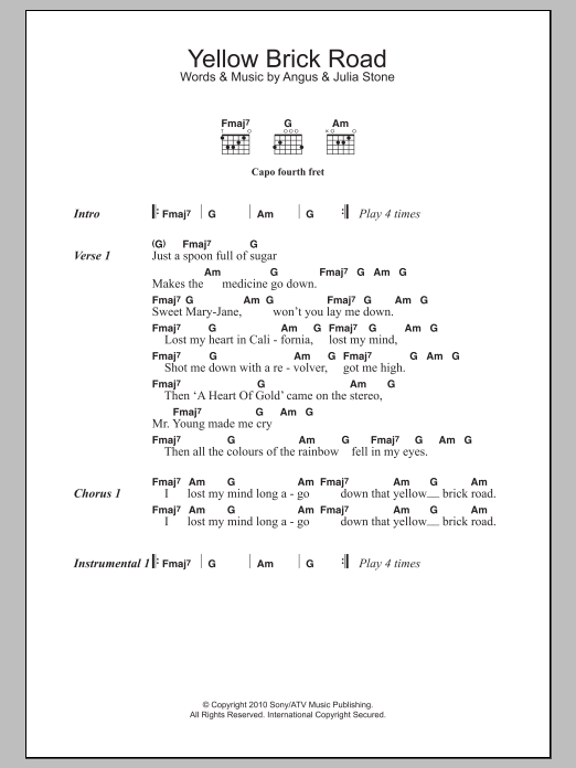 Download Angus & Julia Stone Yellow Brick Road Sheet Music and learn how to play Lyrics & Chords PDF digital score in minutes