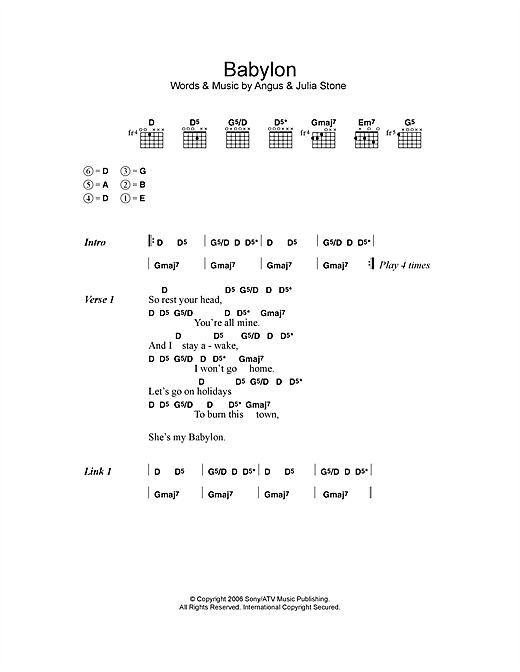 Download Angus & Julia Stone Babylon Sheet Music and learn how to play Lyrics & Chords PDF digital score in minutes