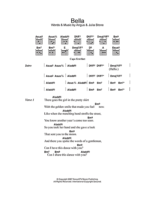 Download Angus & Julia Stone Bella Sheet Music and learn how to play Lyrics & Chords PDF digital score in minutes