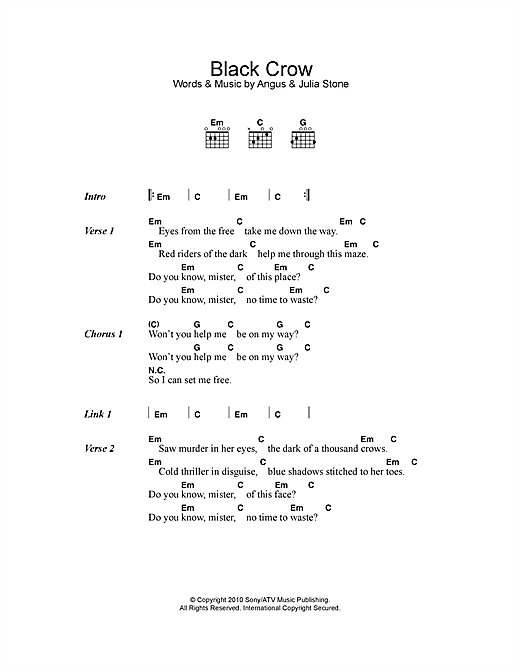 Download Angus & Julia Stone Black Crow Sheet Music and learn how to play Lyrics & Chords PDF digital score in minutes