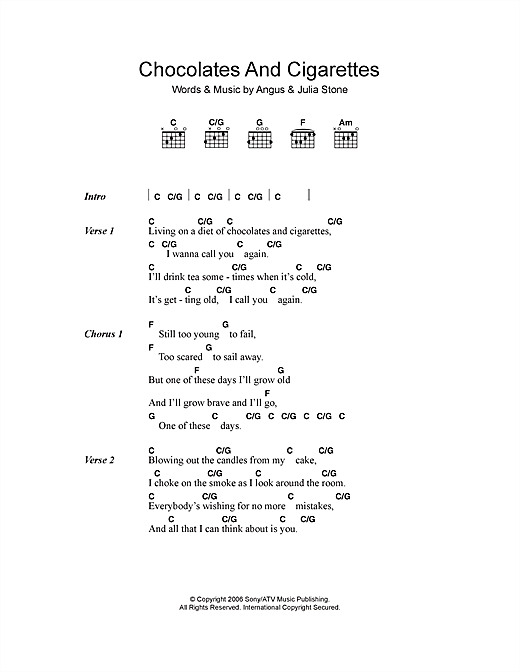 Download Angus & Julia Stone Chocolates And Cigarettes Sheet Music and learn how to play Lyrics & Chords PDF digital score in minutes