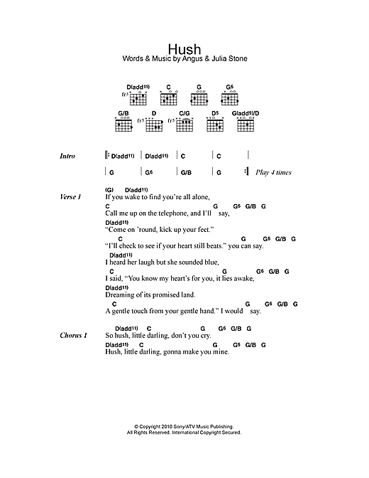 Download Angus & Julia Stone Hush Sheet Music and learn how to play Lyrics & Chords PDF digital score in minutes
