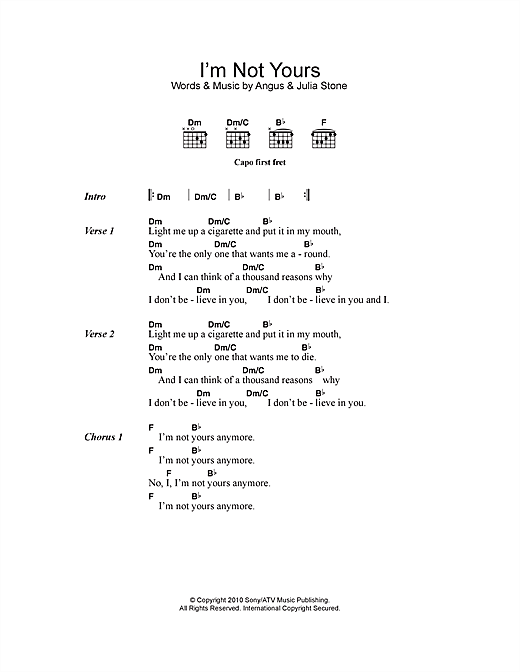 Download Angus & Julia Stone I'm Not Yours Sheet Music and learn how to play Lyrics & Chords PDF digital score in minutes