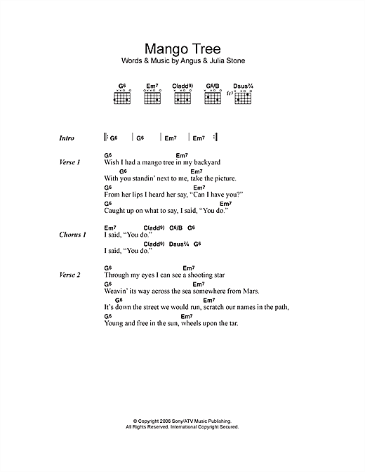 Download Angus & Julia Stone Mango Tree Sheet Music and learn how to play Lyrics & Chords PDF digital score in minutes