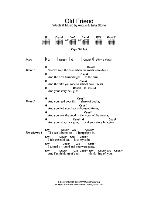 Download Angus & Julia Stone Old Friend Sheet Music and learn how to play Lyrics & Chords PDF digital score in minutes