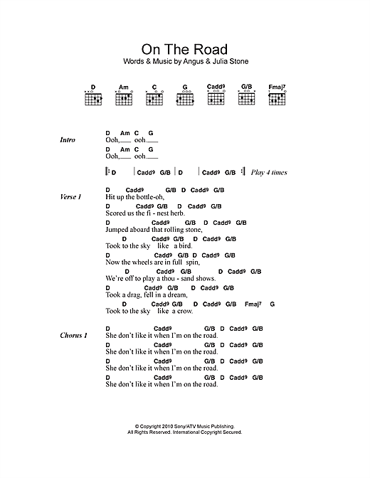 Download Angus & Julia Stone On The Road Sheet Music and learn how to play Lyrics & Chords PDF digital score in minutes