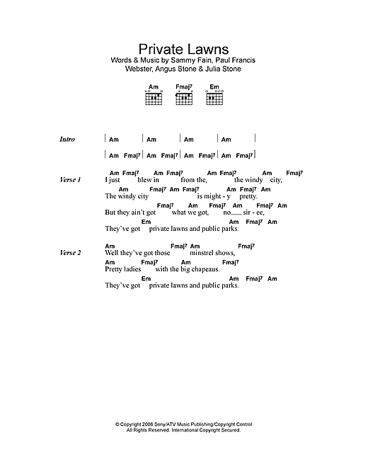 Download Angus & Julia Stone Private Lawns Sheet Music and learn how to play Lyrics & Chords PDF digital score in minutes