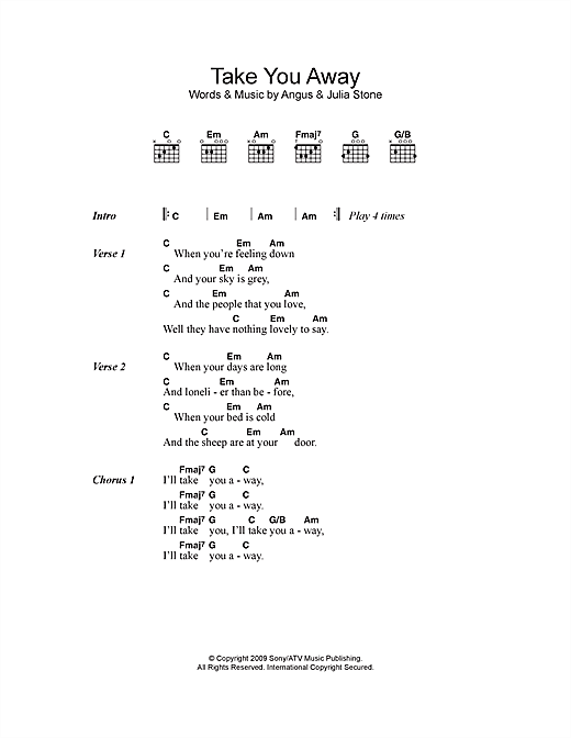 Download Angus & Julia Stone Take You Away Sheet Music and learn how to play Lyrics & Chords PDF digital score in minutes