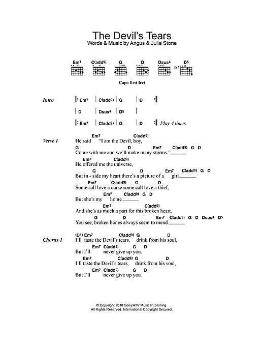 Download Angus & Julia Stone The Devil's Tears Sheet Music and learn how to play Lyrics & Chords PDF digital score in minutes