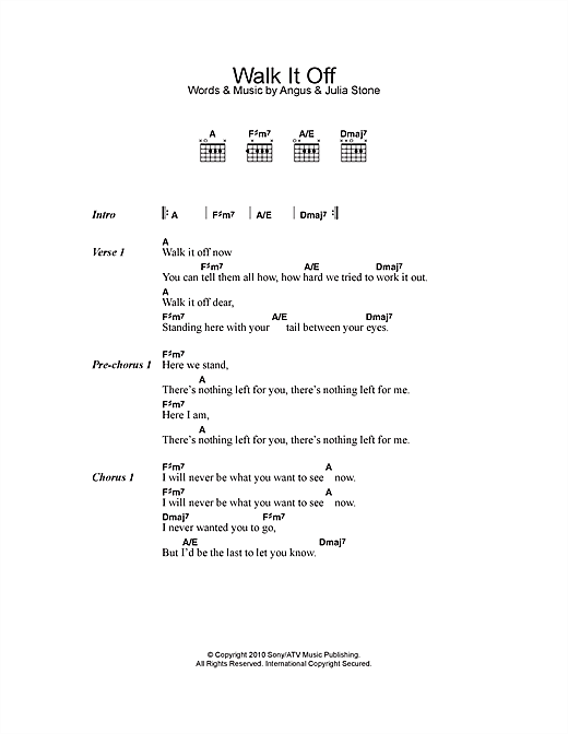 Download Angus & Julia Stone Walk It Off Sheet Music and learn how to play Lyrics & Chords PDF digital score in minutes