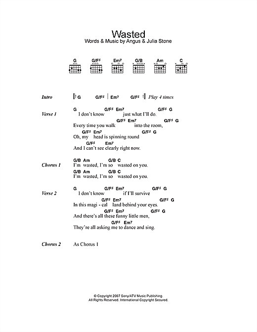 Download Angus & Julia Stone Wasted Sheet Music and learn how to play Lyrics & Chords PDF digital score in minutes