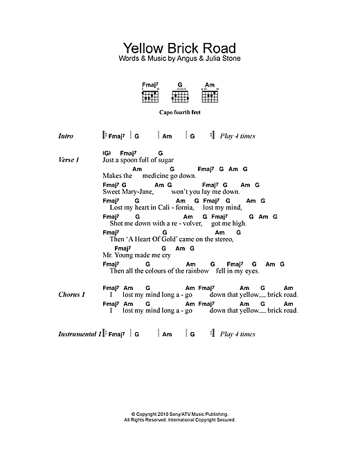 Download Angus & Julia Stone Yellow Brick Road Sheet Music and learn how to play Lyrics & Chords PDF digital score in minutes