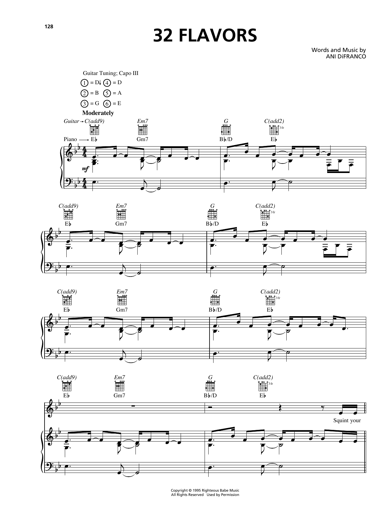 Download Ani DiFranco 32 Flavors Sheet Music and learn how to play Piano, Vocal & Guitar (Right-Hand Melody) PDF digital score in minutes