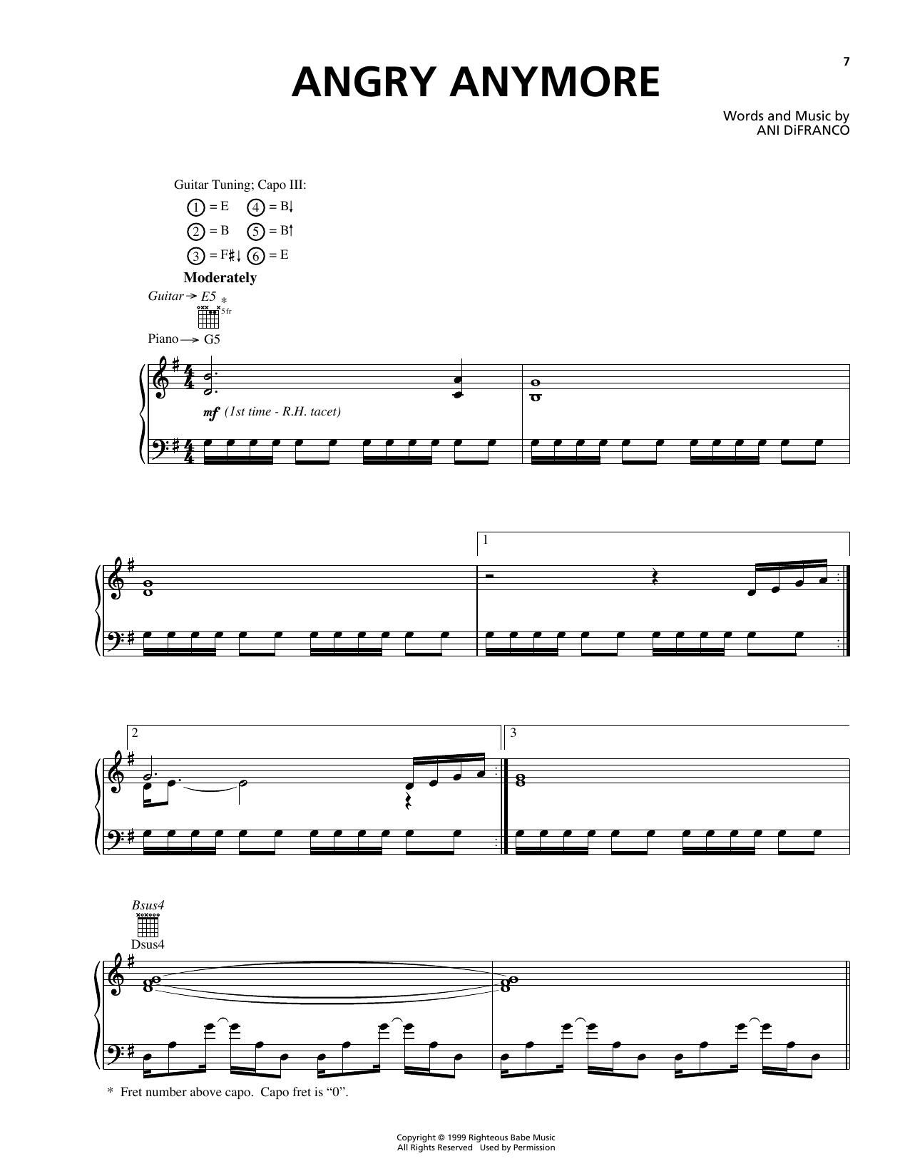 Download Ani DiFranco Angry Anymore Sheet Music and learn how to play Piano, Vocal & Guitar (Right-Hand Melody) PDF digital score in minutes