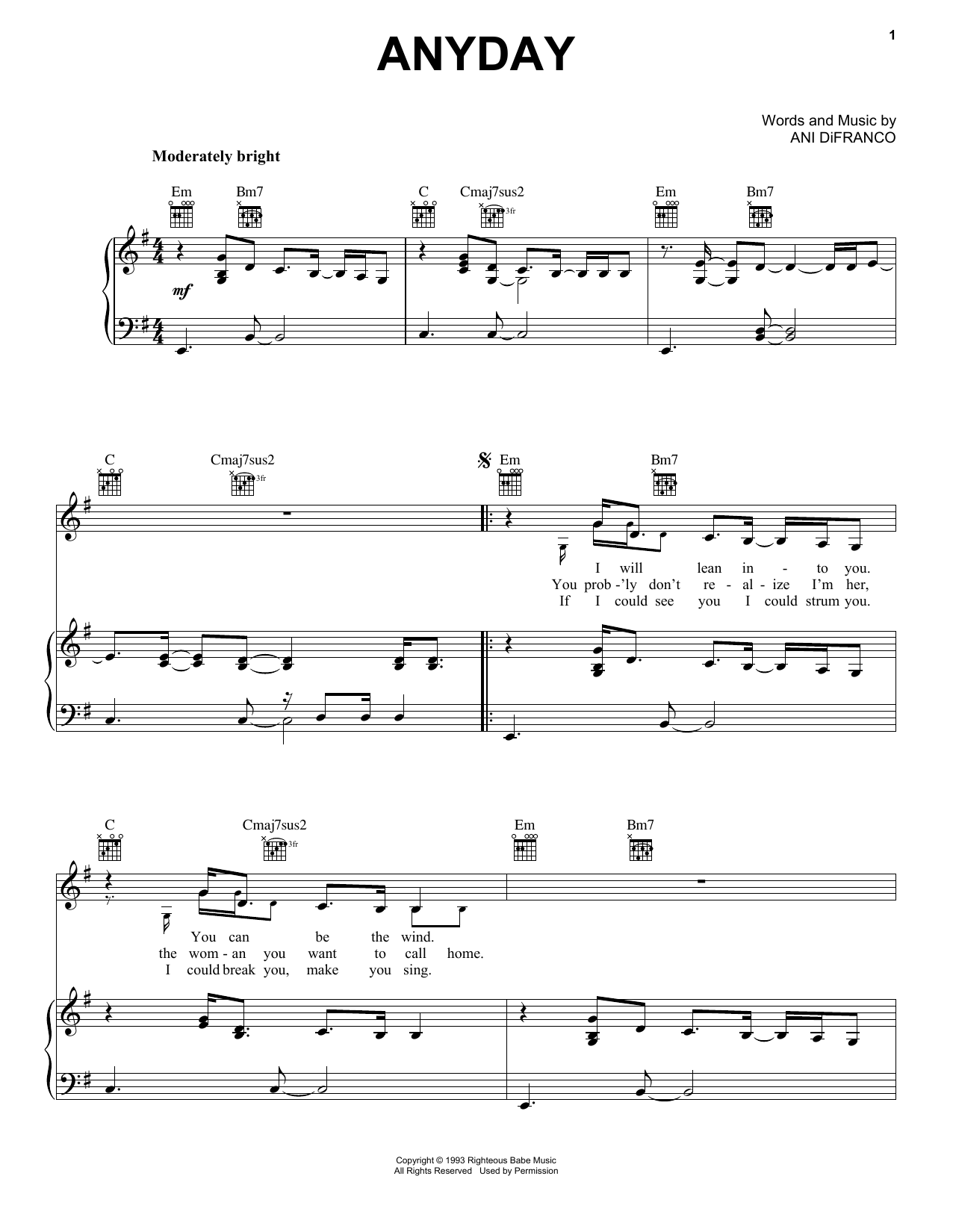 Download Ani DiFranco Anyday Sheet Music and learn how to play Piano, Vocal & Guitar (Right-Hand Melody) PDF digital score in minutes