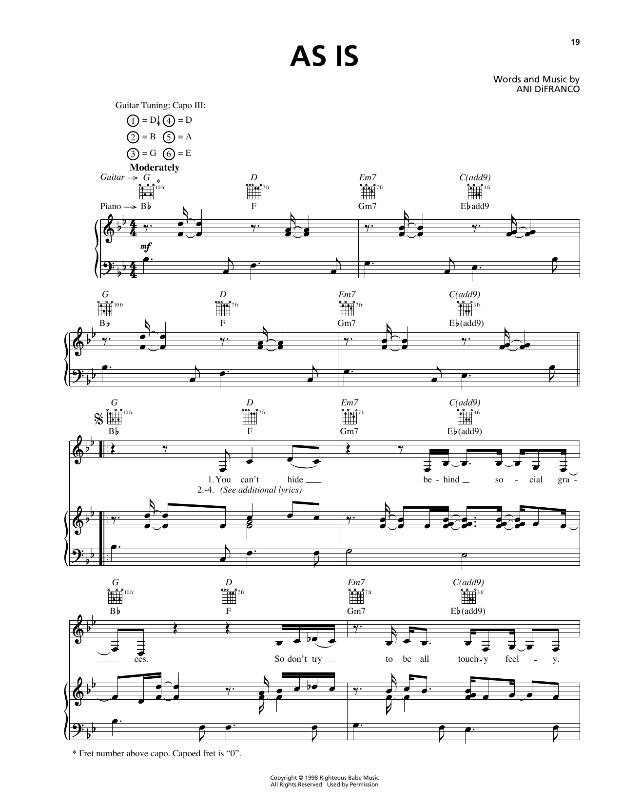 Download Ani DiFranco As Is Sheet Music and learn how to play Piano, Vocal & Guitar (Right-Hand Melody) PDF digital score in minutes